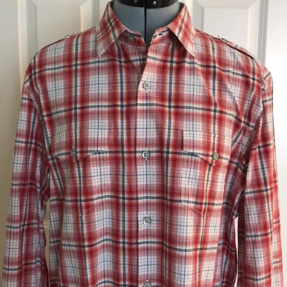Banana Republic Red White Black Plaid Western Inspired Shirt Size L Tall 16”